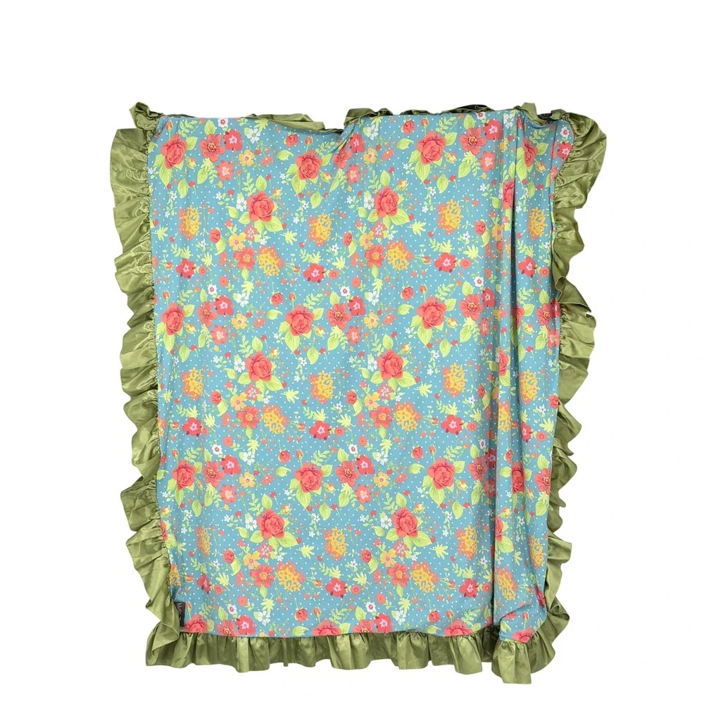 Matilda Jane Floral Baby Blanket Blue Green Ruffle Satin Trim 56x56